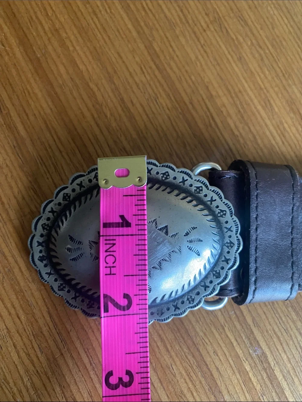 Vintage Brown Leather Belt with Decorative Metal Conchos Concho Buckle